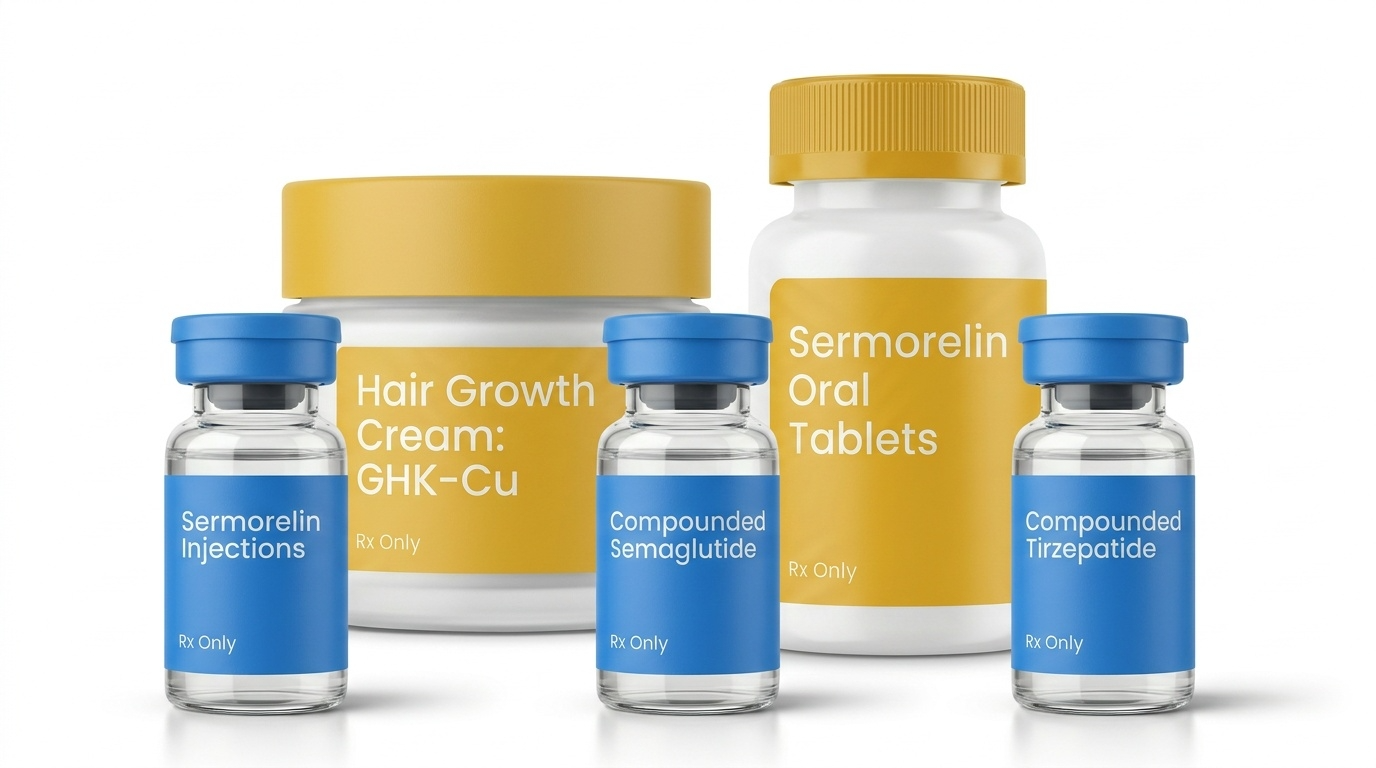 Bask University treatment lineup: Sermorelin Injections, Hair Growth Cream GHK-Cu, Compounded Semaglutide, Sermorelin Oral Tablets, and Compounded Tirzepatide